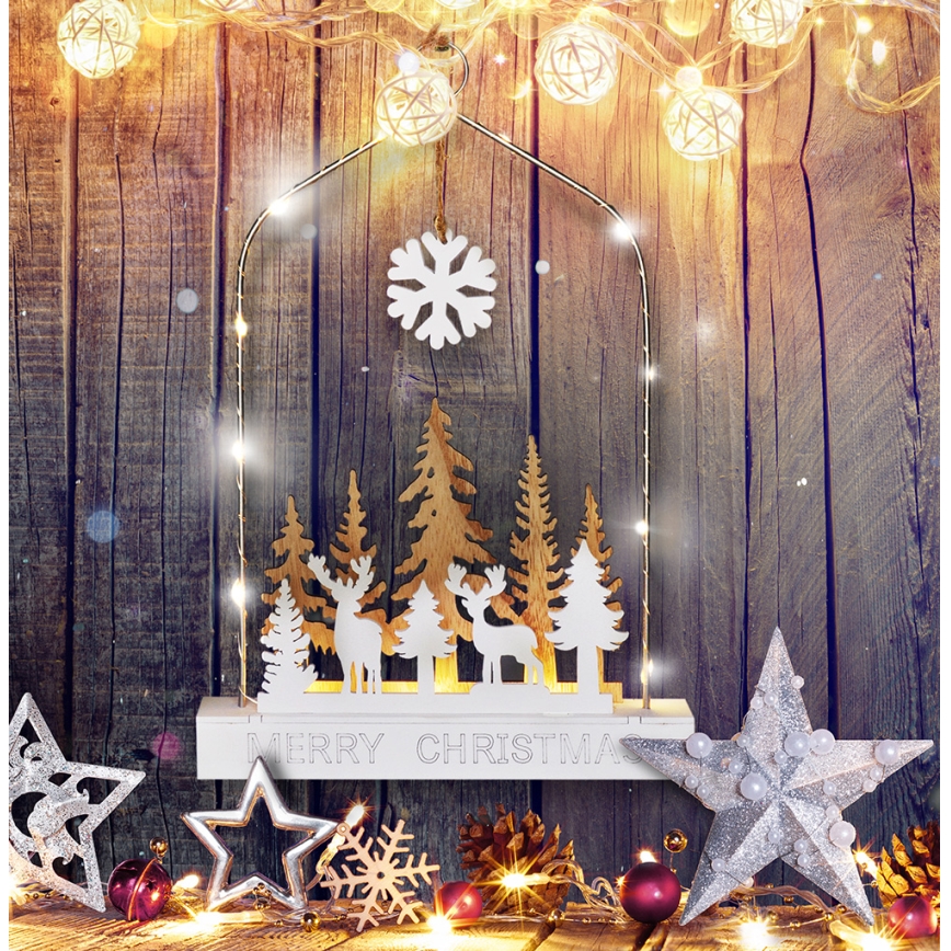 Decorațiune de Crăciun LED cu pădure și cerbi, alimentată cu 2 baterii AA