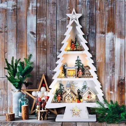 Decorațiune de Crăciun LED — brăduț din lemn, 13 LED, alimentare 2x AA