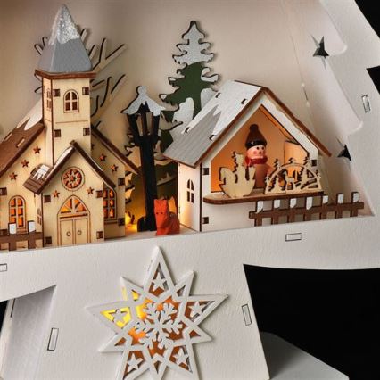 Decorațiune de Crăciun LED — brăduț din lemn, 13 LED, alimentare 2x AA