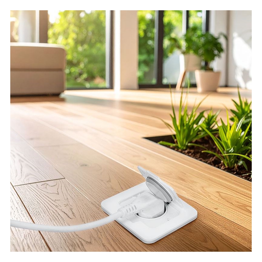 Priză de pardoseală încastrată pentru exterior IP55, albă, dreptunghiulară