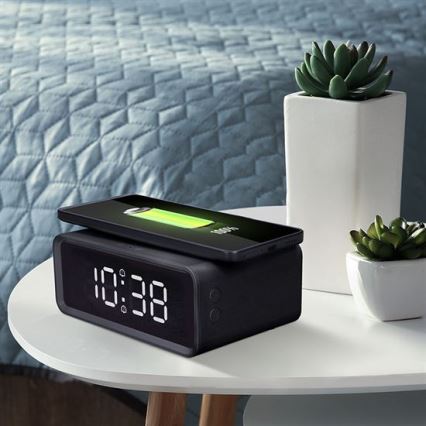 Ceas digital cu încărcător wireless Qi, alimentare 230 V și baterie CR2032, negru