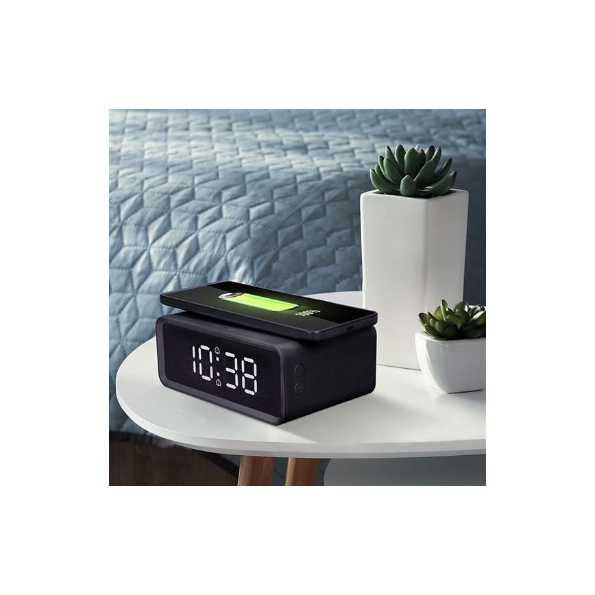 Ceas digital cu încărcător wireless Qi, alimentare 230 V și baterie CR2032, negru