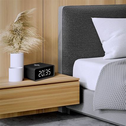 Ceas digital cu încărcător wireless Qi, alimentare 230 V și baterie CR2032, negru