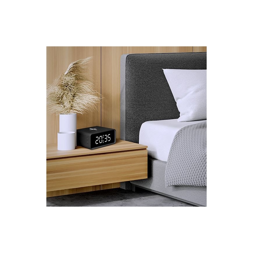 Ceas digital cu încărcător wireless Qi, alimentare 230 V și baterie CR2032, negru