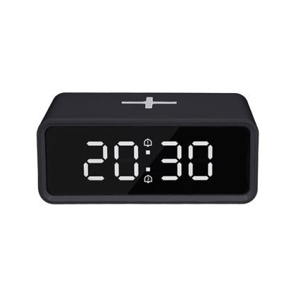 Ceas digital cu încărcător wireless Qi, alimentare 230 V și baterie CR2032, negru