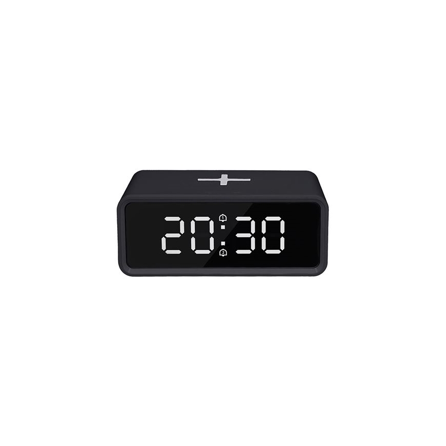 Ceas digital cu încărcător wireless Qi, alimentare 230 V și baterie CR2032, negru