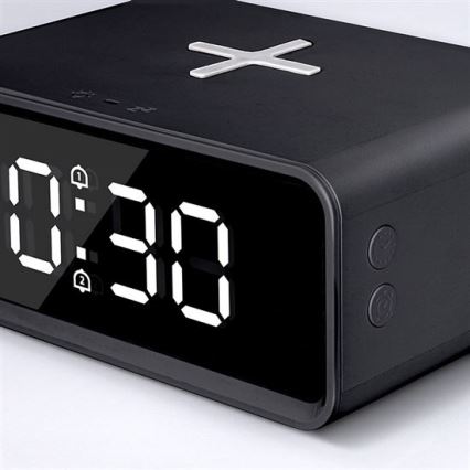 Ceas digital cu încărcător wireless Qi, alimentare 230 V și baterie CR2032, negru