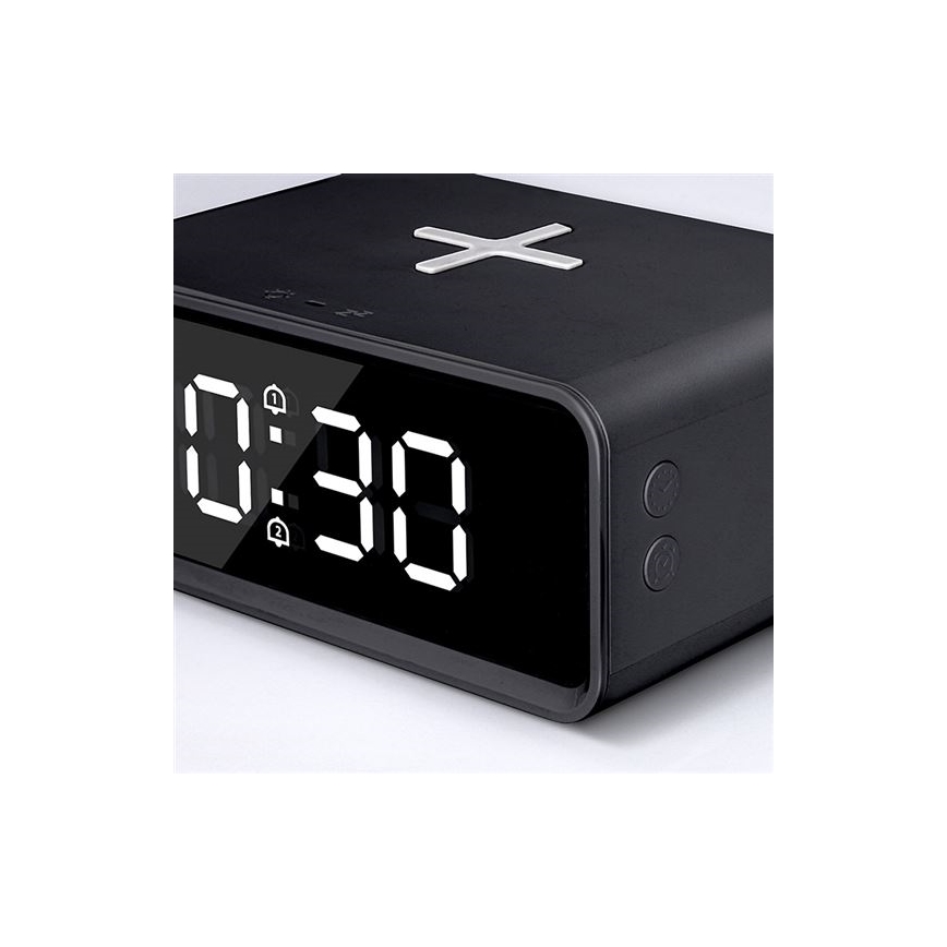 Ceas digital cu încărcător wireless Qi, alimentare 230 V și baterie CR2032, negru