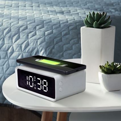 Ceas digital alb cu încărcător wireless Qi, 230V/CR2032