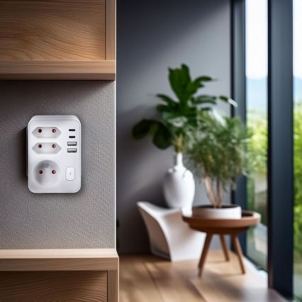Priză multiplă 1x16A + 2x2,5A cu încărcător 2x USB (A+C), albă