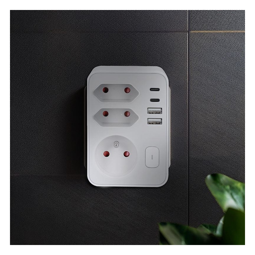 Priză multiplă 1x16A + 2x2,5A cu încărcător 2x USB (A+C), albă