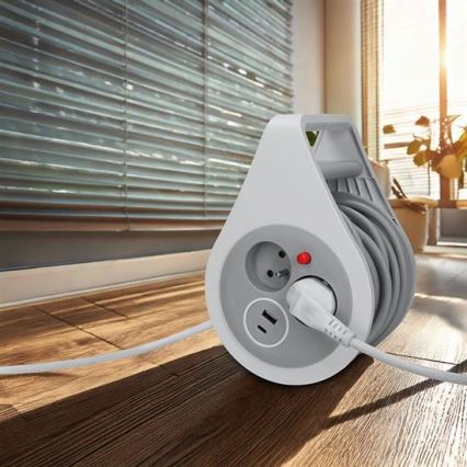 Prelungitor pe tambur, 10 m, 2 prize + USB A+C