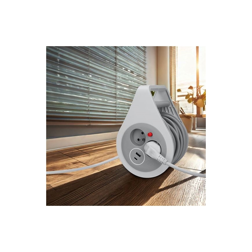 Prelungitor pe tambur, 10 m, 2 prize + USB A+C