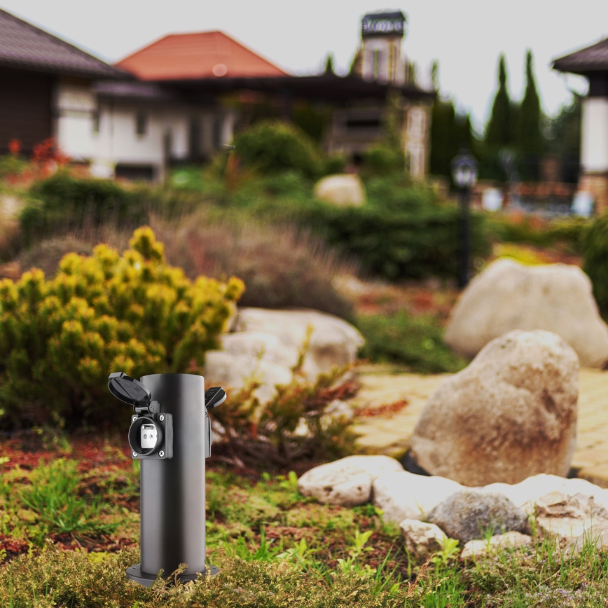 Stâlp exterior cu prize 2x 230V IP44, negru, rotund