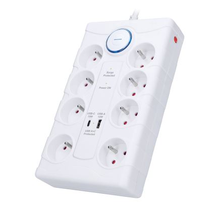 Prelungitor 8 prize Tip E cu întrerupător și protecție la supratensiune + 1xUSB-A + 1xUSB-C 2m alb