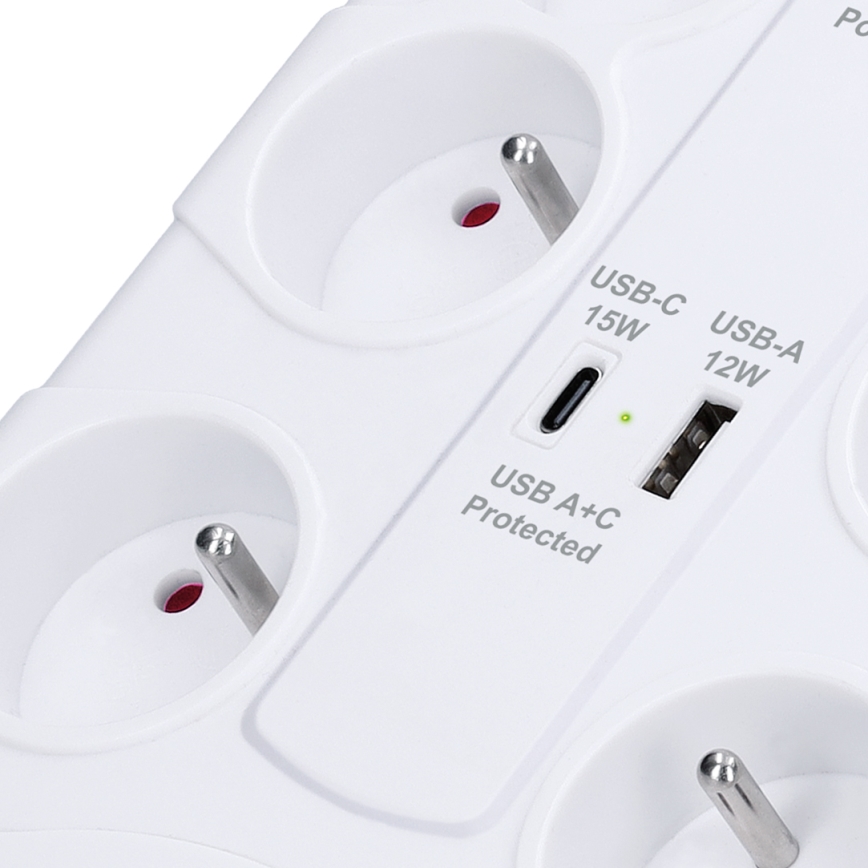 Prelungitor 8 prize Tip E cu întrerupător și protecție la supratensiune + 1xUSB-A + 1xUSB-C 2m alb