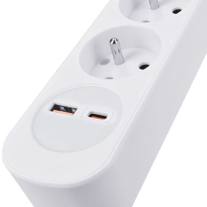 Prelungitor cu 3 prize și întrerupător, cu încărcare USB A și C, 2 m