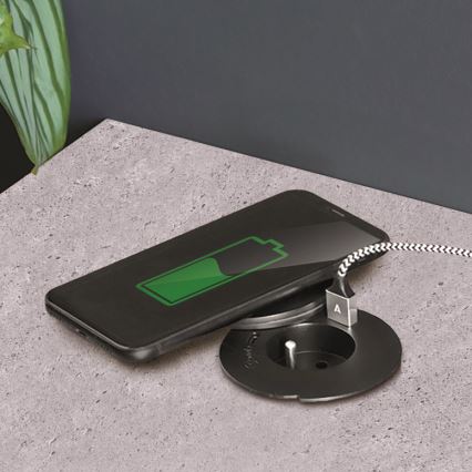 Priză încastrabilă cu încărcare wireless 10W, 1x priză + USB A+C, neagră