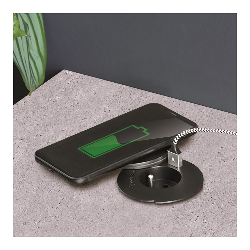 Priză încastrabilă cu încărcare wireless 10W, 1x priză + USB A+C, neagră