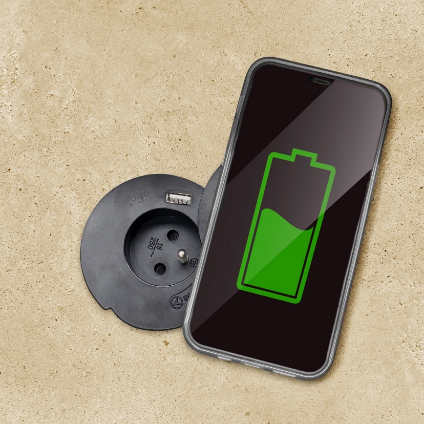 Priză încastrabilă cu încărcare wireless 10W, 1x priză + USB A+C, neagră