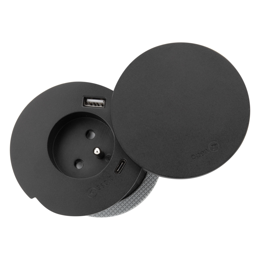 Priză încastrabilă cu încărcare wireless 10W, 1x priză + USB A+C, neagră