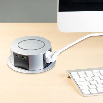 Coloană de prize pentru blat de masă cu încărcare wireless Qi 3x230V + 1xUSB-A + 1xUSB-C argintiu/negru