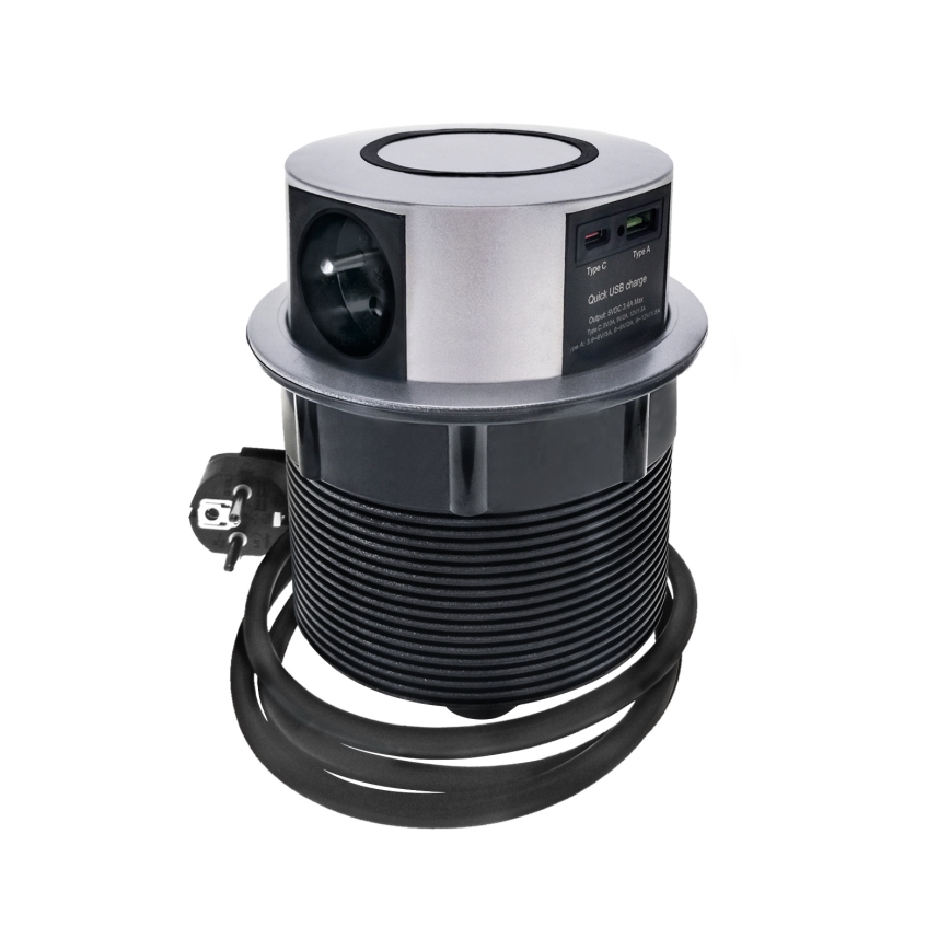 Coloană de prize pentru blat de masă cu încărcare wireless Qi 3x230V + 1xUSB-A + 1xUSB-C argintiu/negru