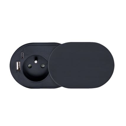 Priză încastrată cu capac glisant, 20W, 1 priză + USB A+C, negru