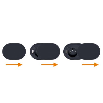Priză încastrată cu capac glisant, 20W, 1 priză + USB A+C, negru