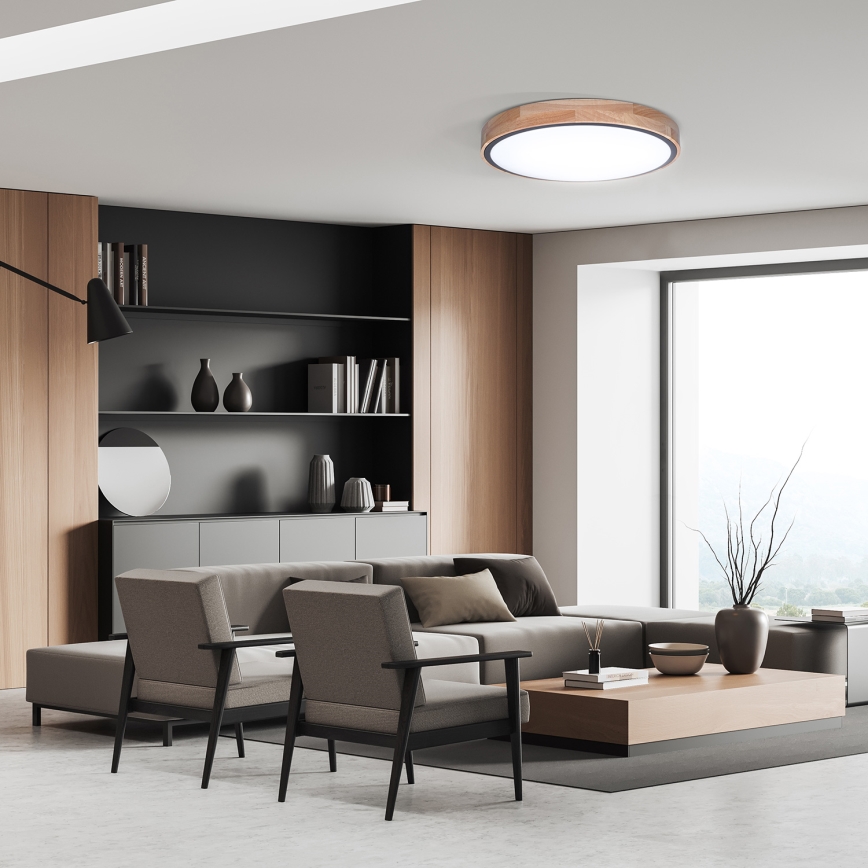 Plafonieră LED dimabilă IRON OAK, 48 W, 230 V, 3000–6500K, stejar, Ø 40 cm + telecomandă