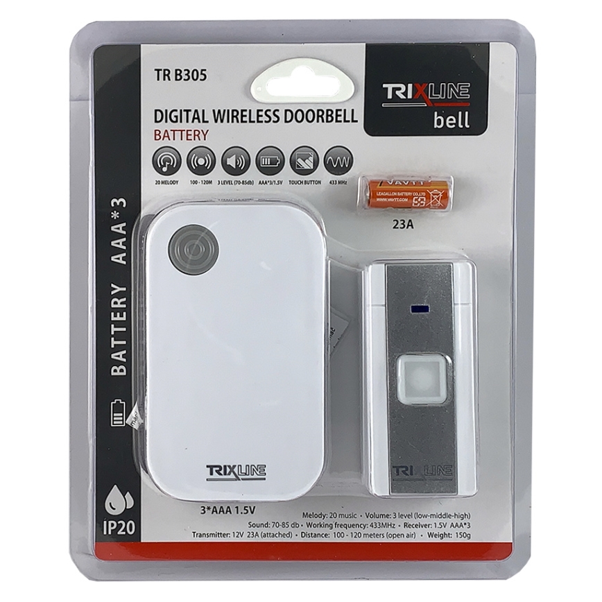 Sonerie fără fir BELL 1x23A + 3xAAA alb