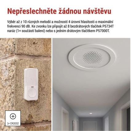 Sonerie fără fir încastrată 230V + 1xCR2032 albă