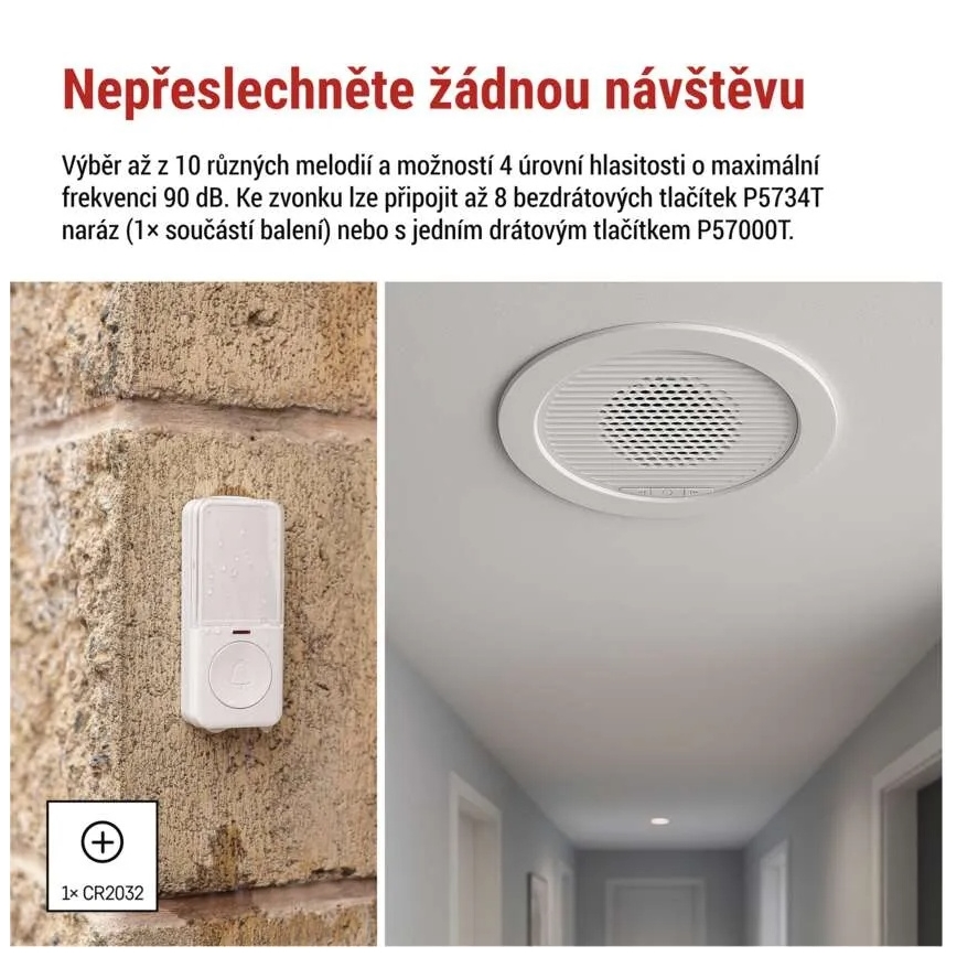 Sonerie fără fir încastrată 230V + 1xCR2032 albă