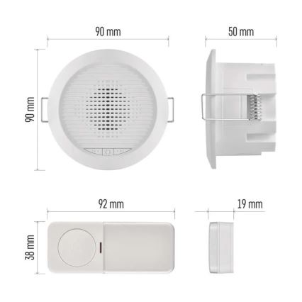 Sonerie fără fir încastrată 230V + 1xCR2032 albă