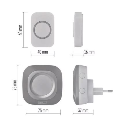 Sonerie fără fir pentru priză 230V + 1xCR2032 IP44 gri