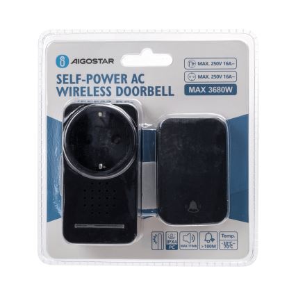 Sonerie fără fir pentru priză Aigostar 1Z 3680W/230V IPX4 negru