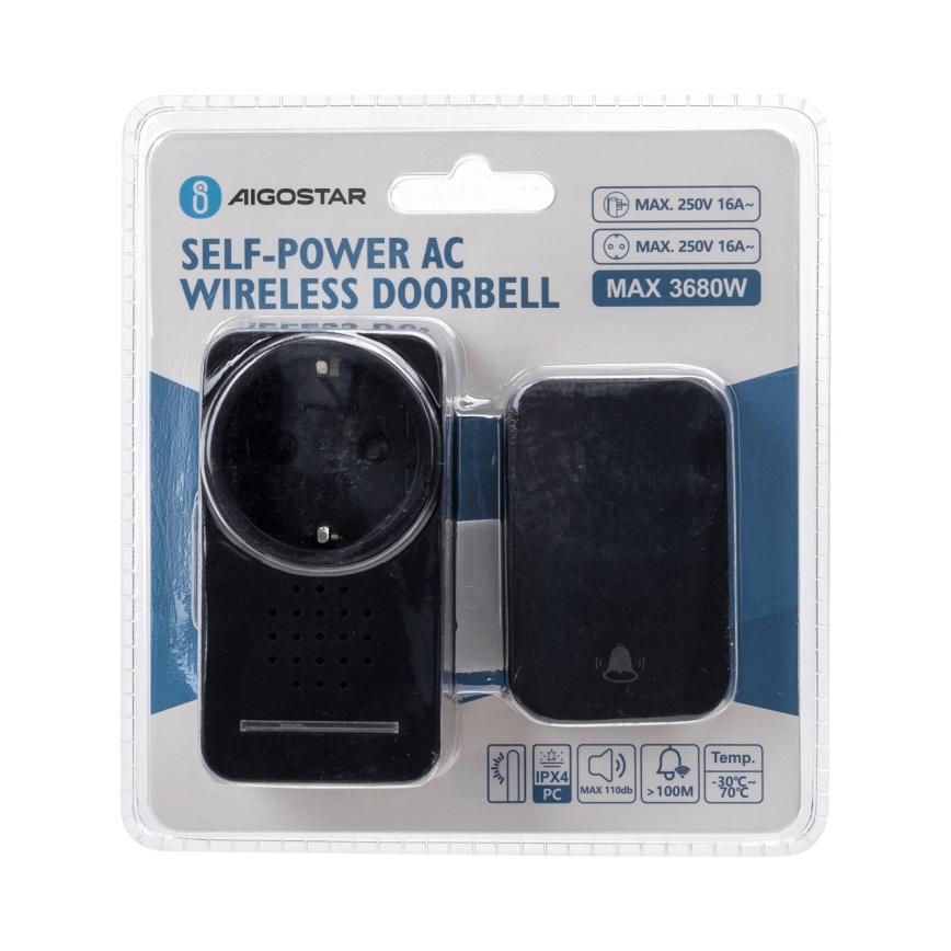 Sonerie fără fir pentru priză Aigostar 1Z 3680W/230V IPX4 negru