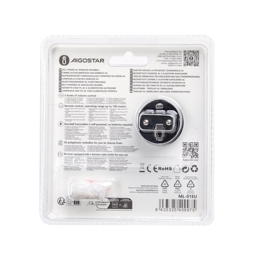 Sonerie fără fir pentru priză Aigostar 1Z 3680W/230V IPX4 negru