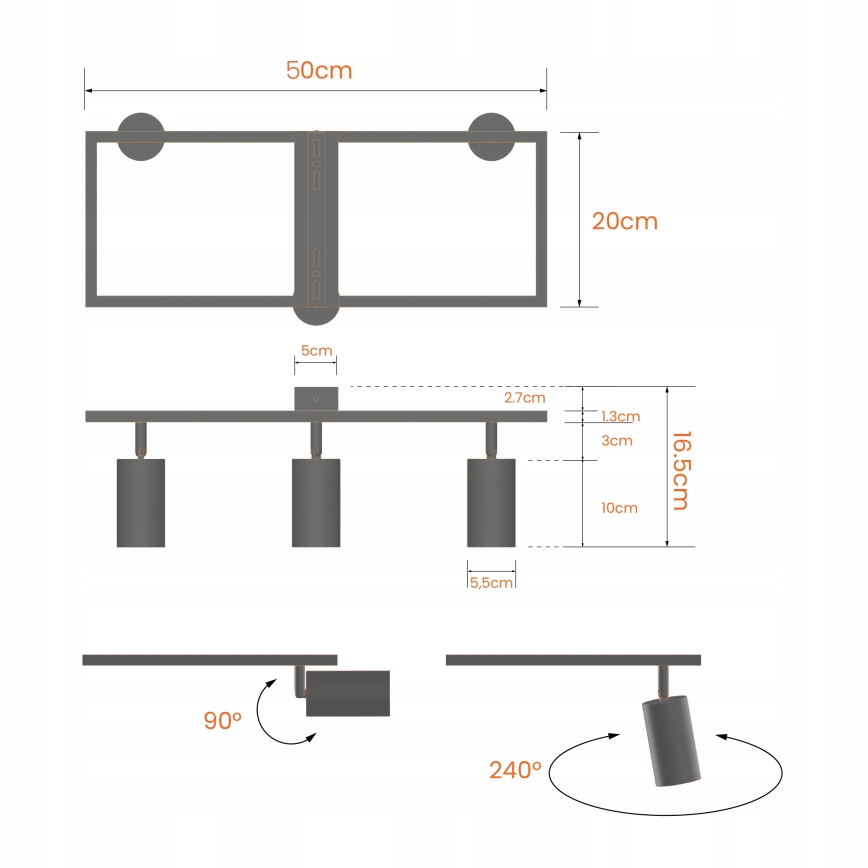 Spot aplicat 3x GU10, 30W, 230V, alb