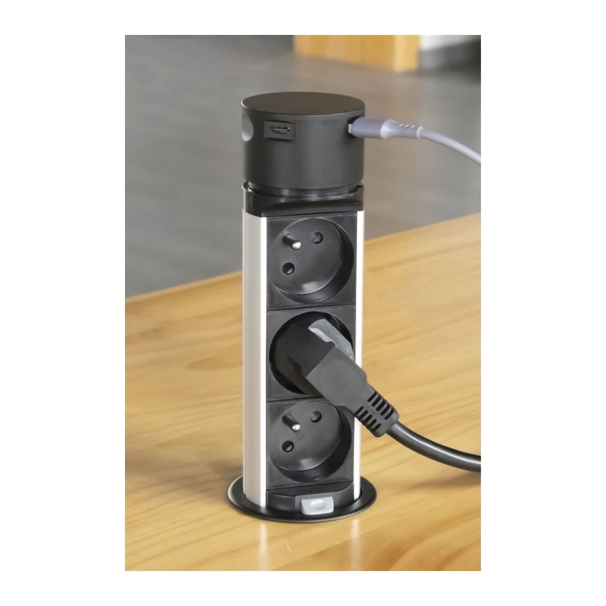 Stâlp cu prize pentru blat 3x230V + 2xUSB negru