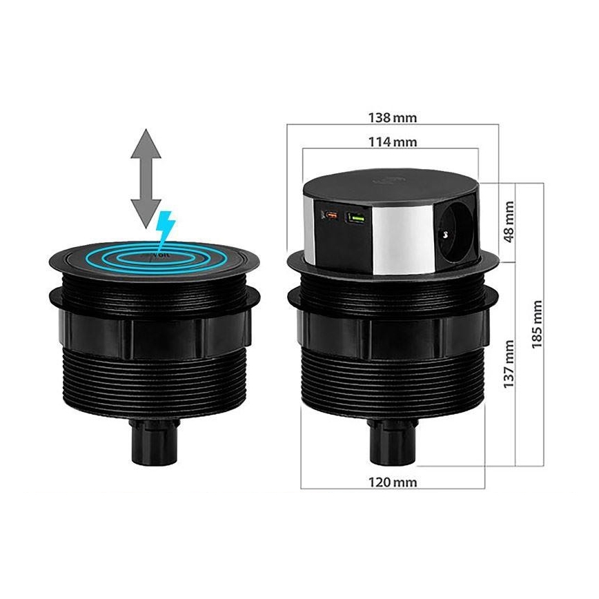 Stâlp cu prize pentru blat 3x230V + 2xUSB + încărcare fără fir
