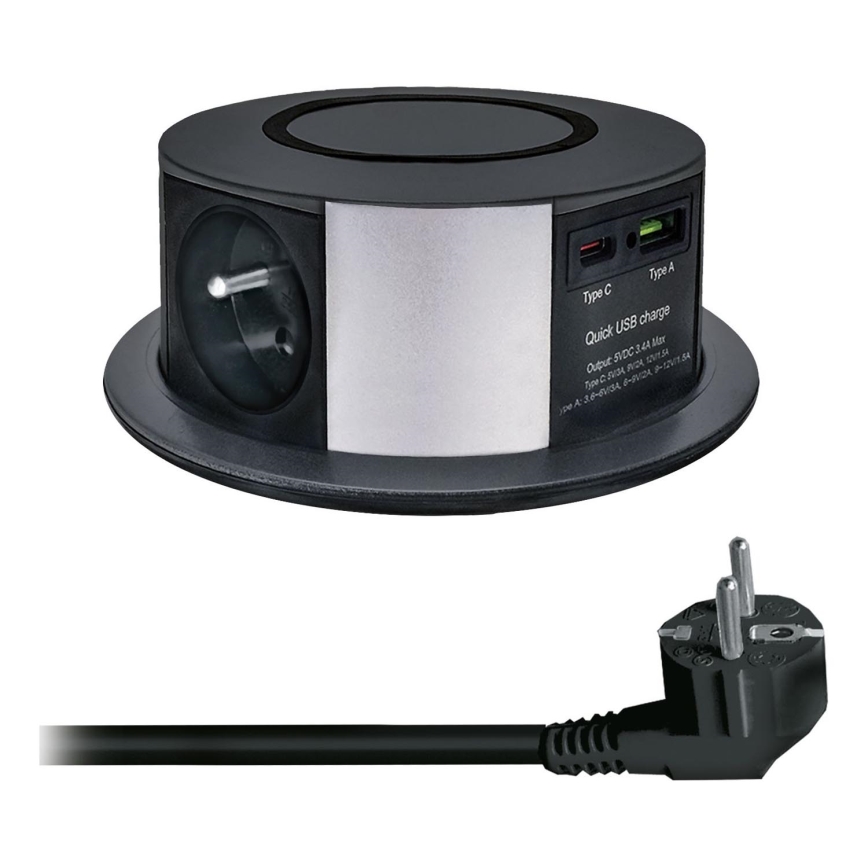 Stâlp de prize pentru blat cu încărcare fără fir Qi 3x230V + 1xUSB-A + 1xUSB-C negru/argintiu
