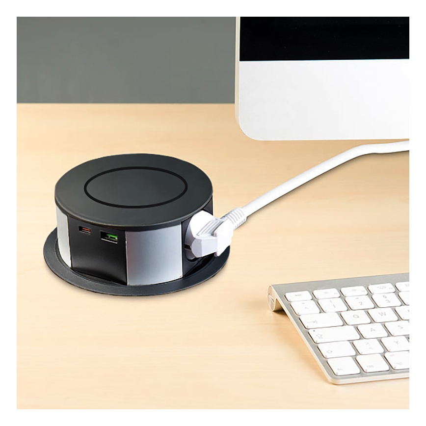 Stâlp de prize pentru blat cu încărcare fără fir Qi 3x230V + 1xUSB-A + 1xUSB-C negru/argintiu
