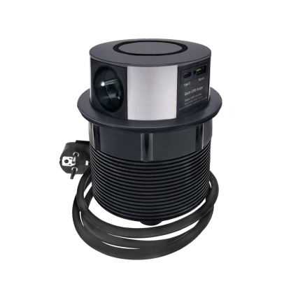Stâlp de prize pentru blat cu încărcare fără fir Qi 3x230V + 1xUSB-A + 1xUSB-C negru/argintiu