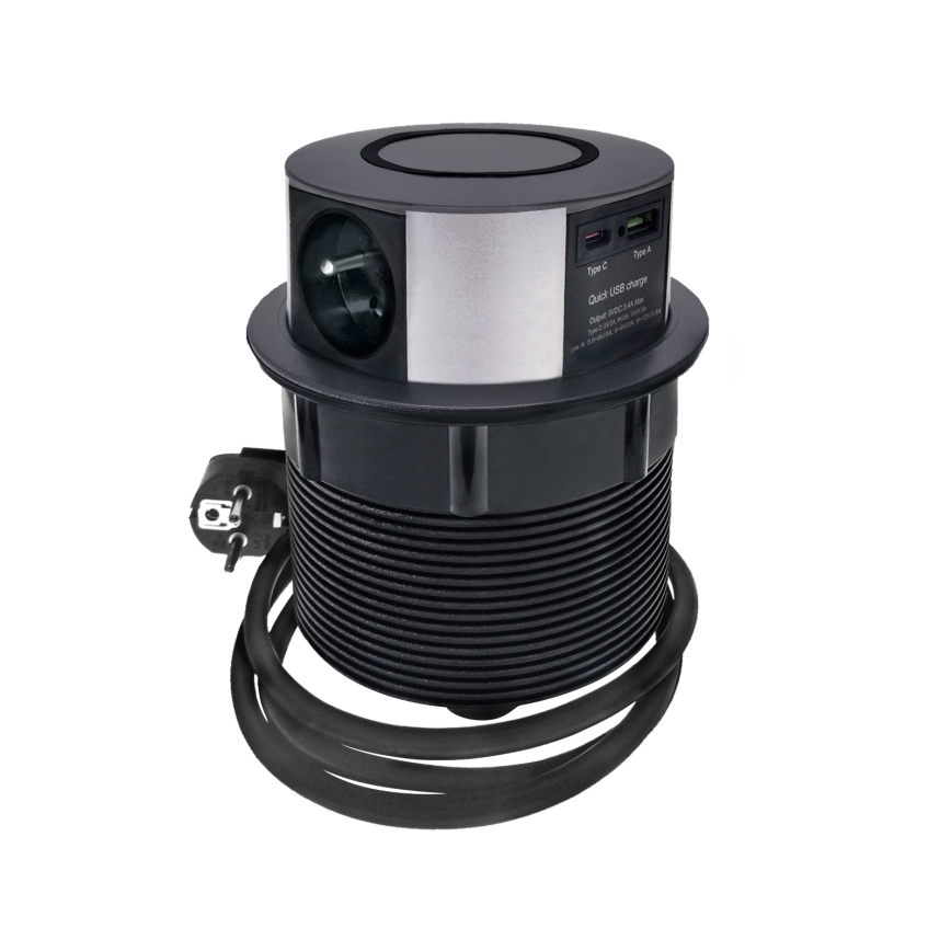 Stâlp de prize pentru blat cu încărcare fără fir Qi 3x230V + 1xUSB-A + 1xUSB-C negru/argintiu