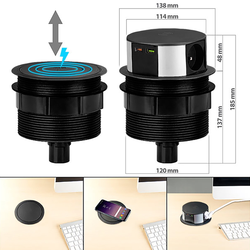 Stâlp de prize pentru blat cu încărcare fără fir Qi 3x230V + 1xUSB-A + 1xUSB-C negru/argintiu