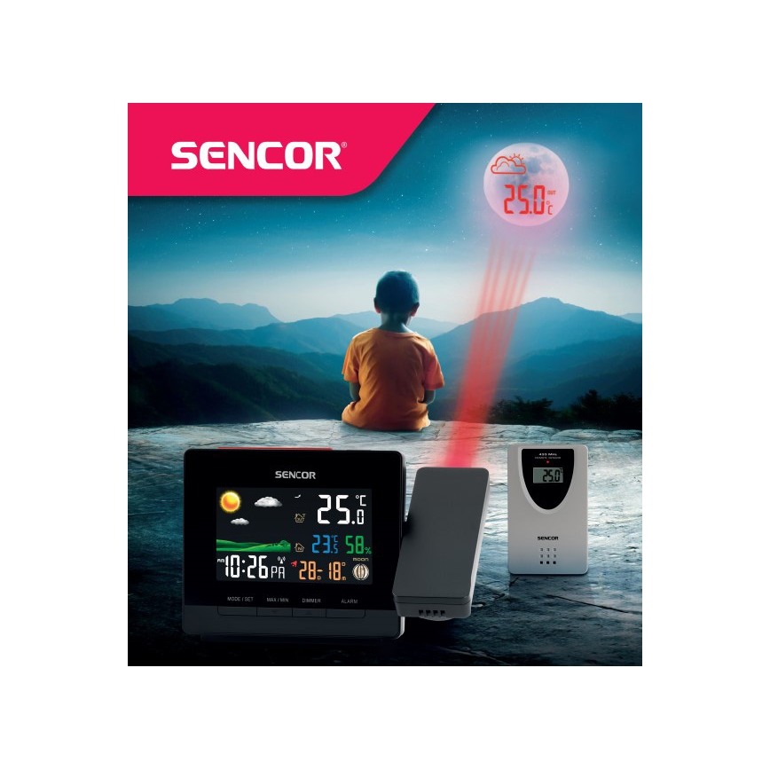Stație meteo cu afișaj LCD color, ceas deșteptător și proiecție 2xAA Sencor
