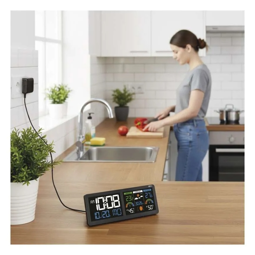 Stație meteo cu afișaj LCD color și alarmă, 5V, 3xAAA + 2xAA, negru