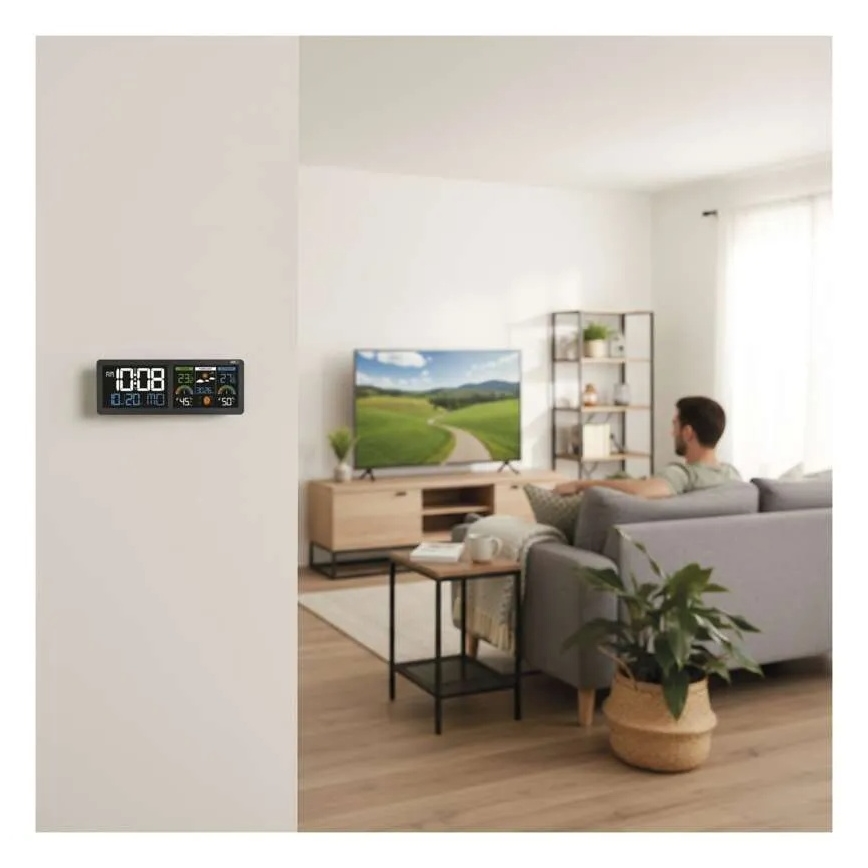 Stație meteo cu afișaj LCD color și alarmă, 5V, 3xAAA + 2xAA, negru