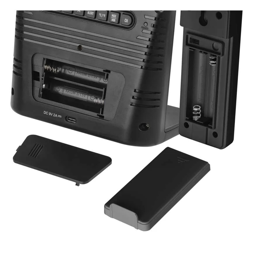 Stație meteo cu încărcare fără fir 5V, 2xAA + 2xAAA, negru